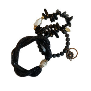 Plunder 3 Bracelets Black Elastic Beaded Charm Stackable BOHO Glam Layered